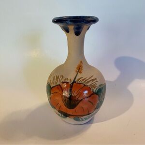 Terra Cotta Bud Vase Hand Painted Drip Glaze Rim Hibiscus Flower Jamaican 6”